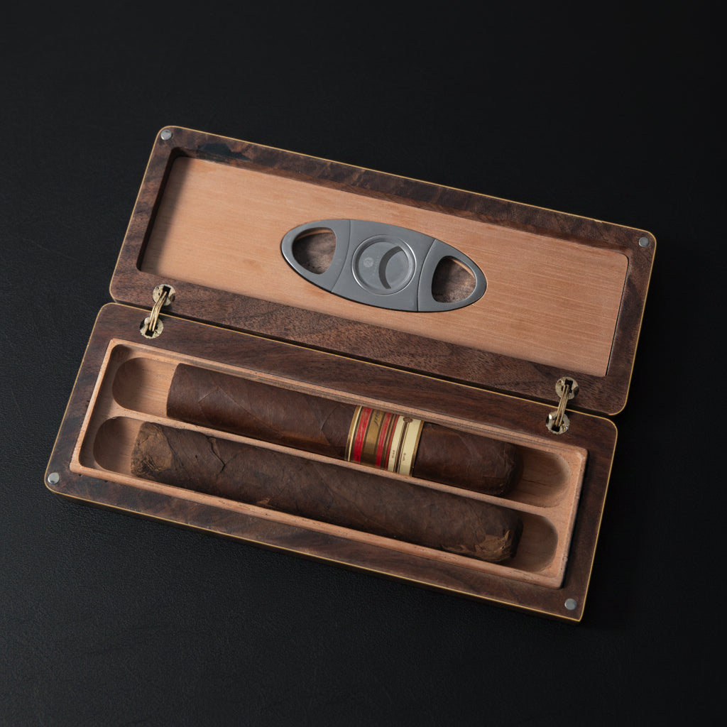 Cigar Travel Case - Redwood Burl Inlay - Personalized Brass Engraving - Spanish Cedar Lining
