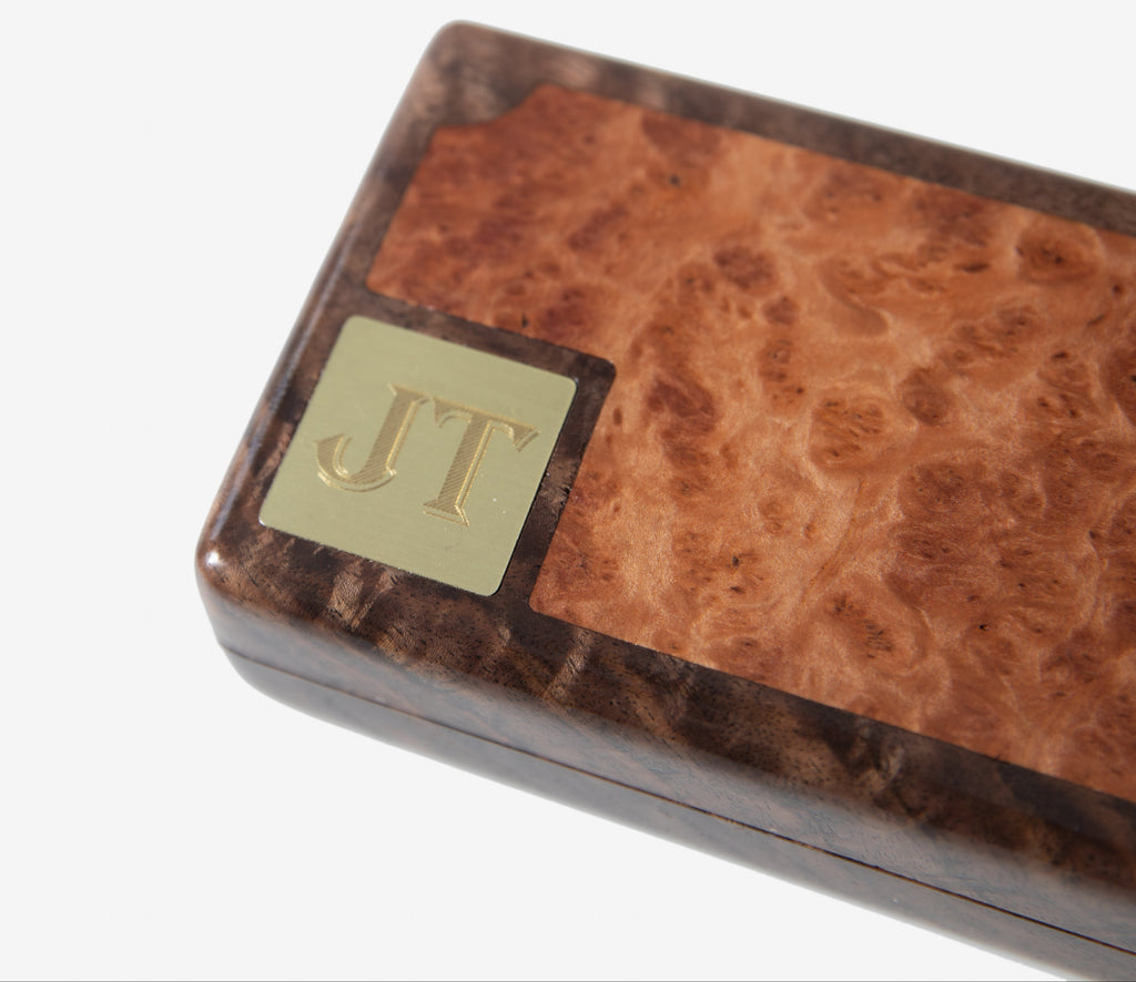 Cigar Travel Case - Redwood Burl Inlay - Personalized Brass Engraving - Spanish Cedar Lining