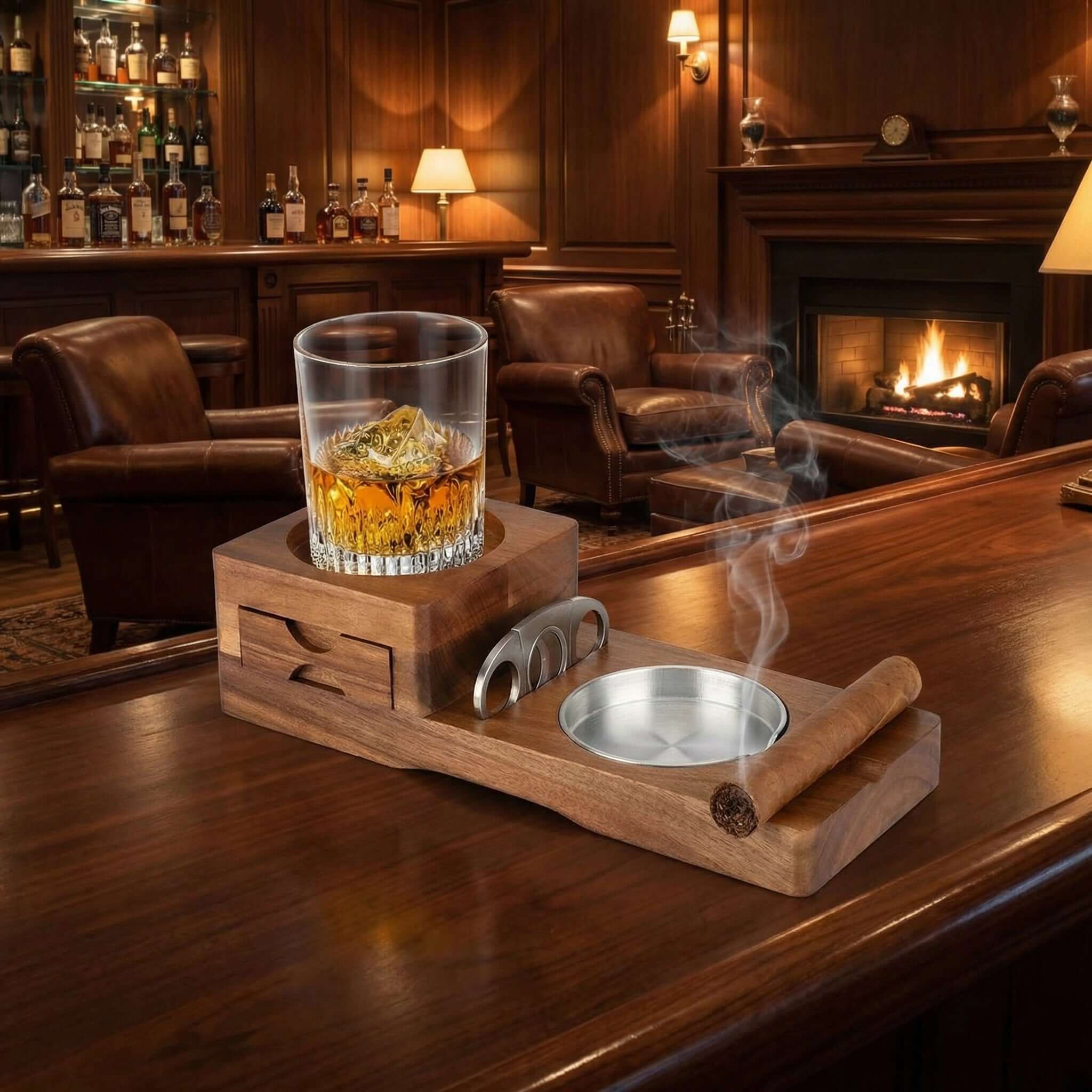 Cigar & Whiskey Gift Set Stand with Ashtray and Drawer