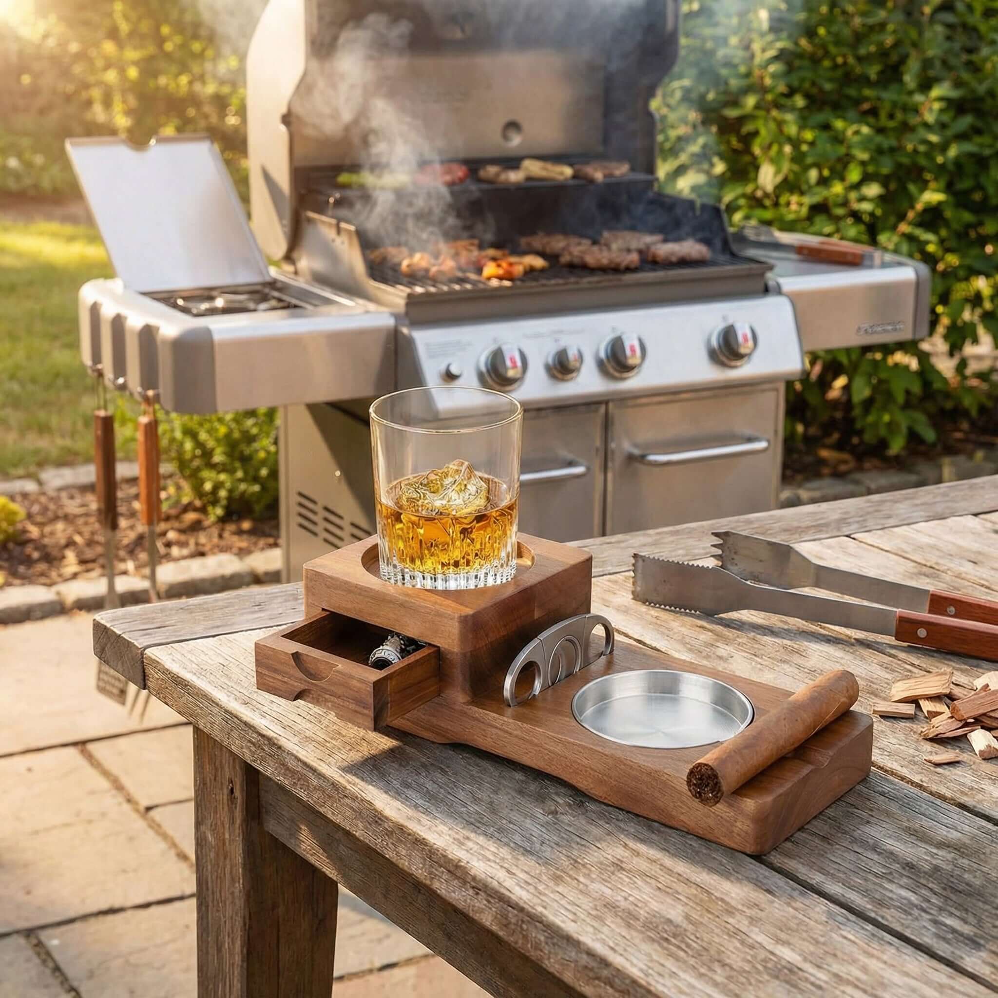 Cigar & Whiskey Gift Set Stand with Ashtray and Drawer