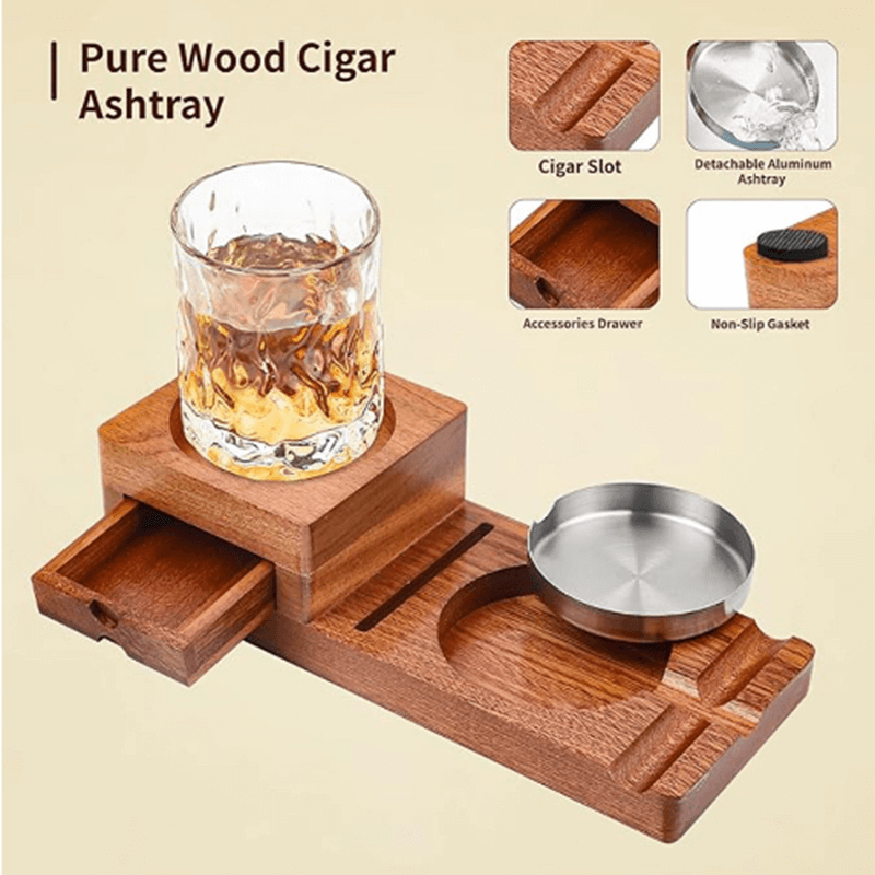 Cigar & Whiskey Gift Set Stand with Ashtray and Drawer