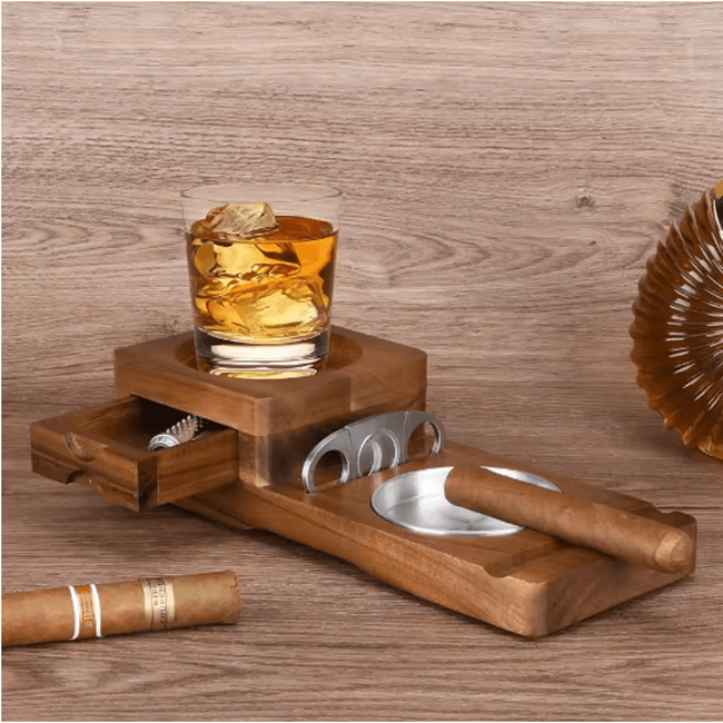 Cigar & Whiskey Gift Set Stand with Ashtray and Drawer
