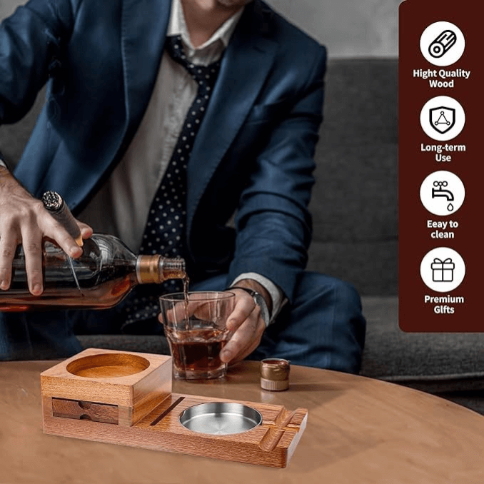Cigar & Whiskey Gift Set Stand with Ashtray and Drawer
