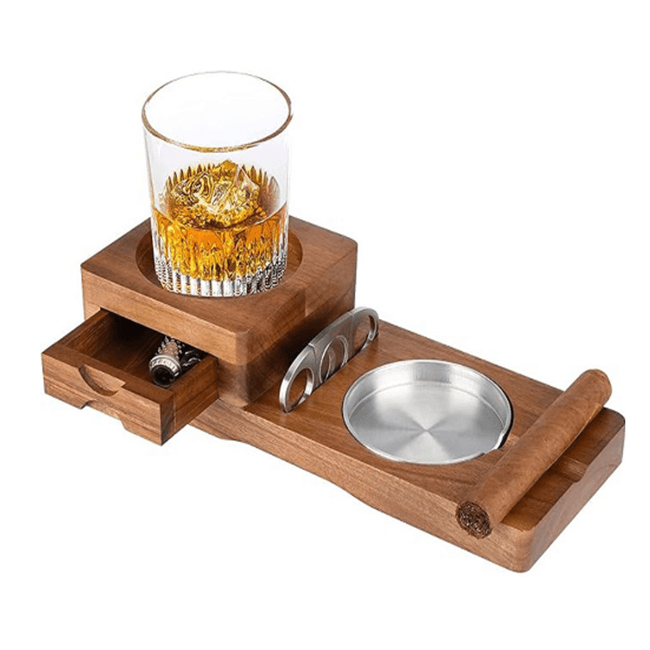 Cigar & Whiskey Gift Set Stand with Ashtray and Drawer
