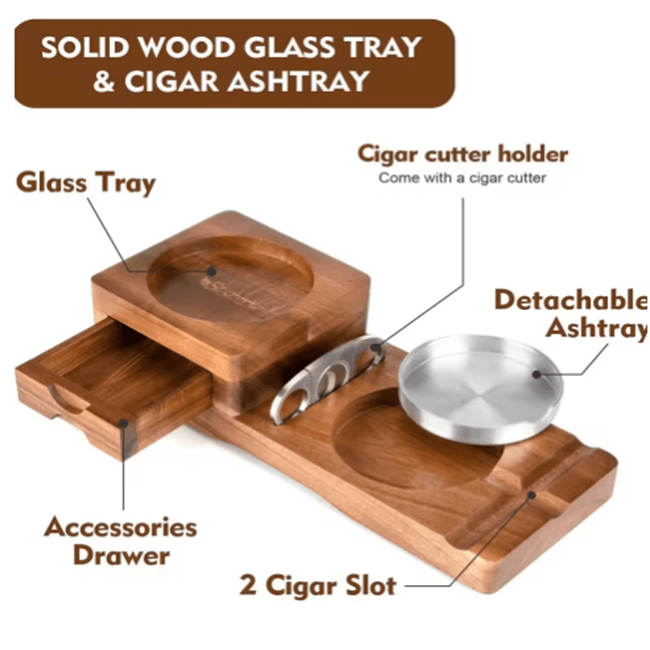 Cigar & Whiskey Gift Set Stand with Ashtray and Drawer