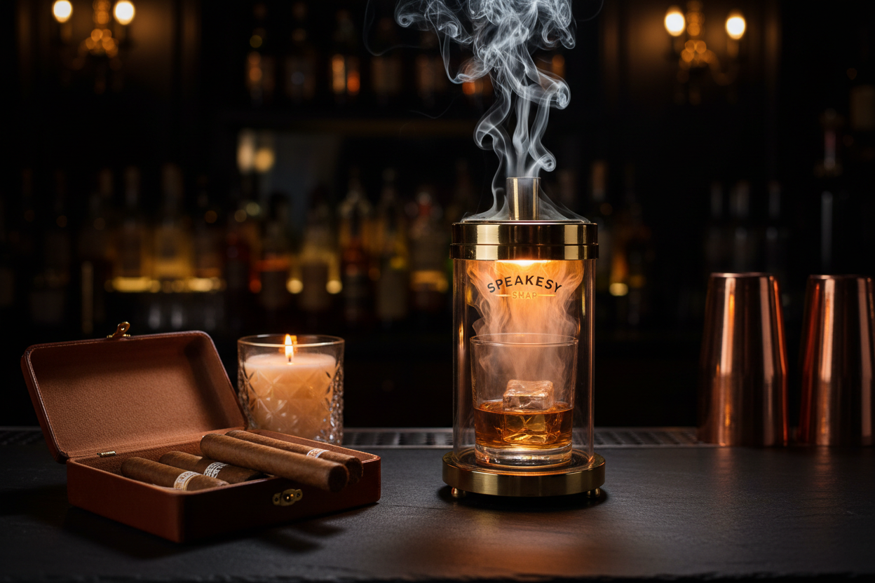 Speakeasy Experience Set - SNAP cocktail smoker with LED glow, whiskey glass, leather cigar case and candle