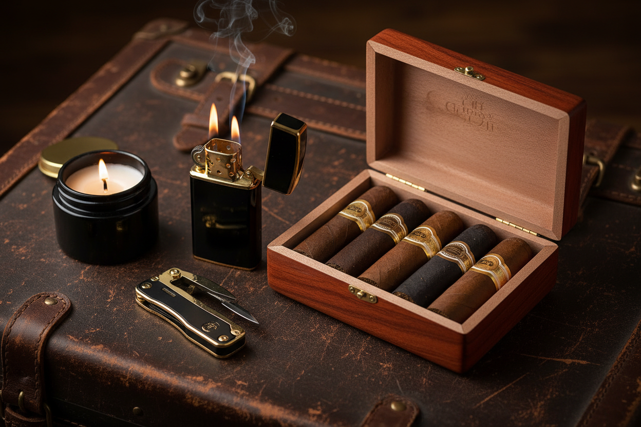 Travel Gentleman Set - redwood burl cigar case, windproof lighter, multi-tool and candle on dark leather
