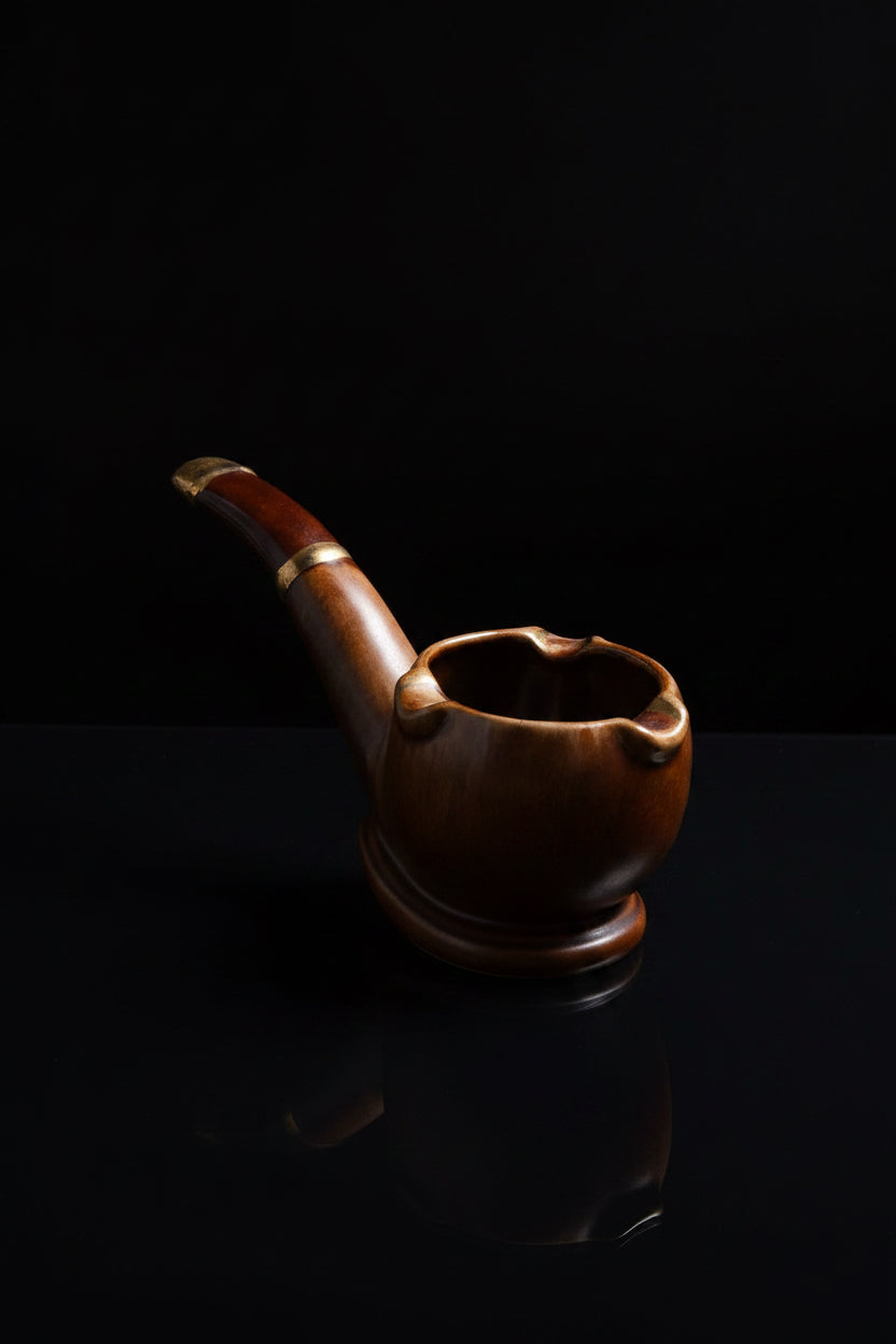 Vintage Ceramic Pipe Ashtray – Mid-Century Brown Glazed Novelty Smoking Decor – 6" Long